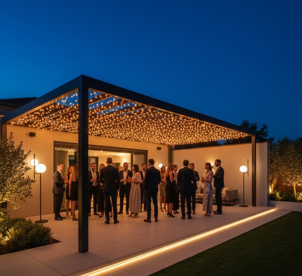 Outdoor entertainment area with layered lighting