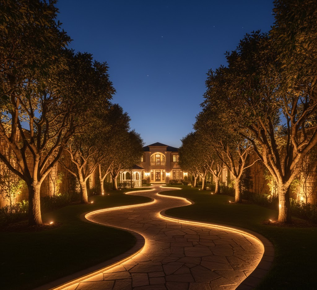Luxury estate garden with comprehensive lighting design