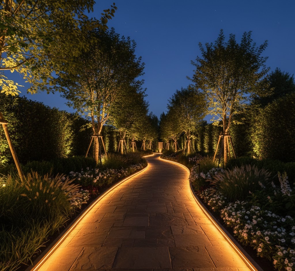 Winding pathway through illuminated garden