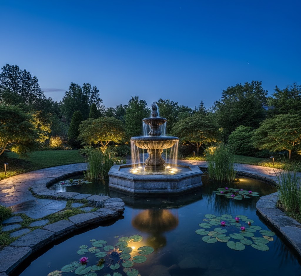 Water garden with subtle feature lighting