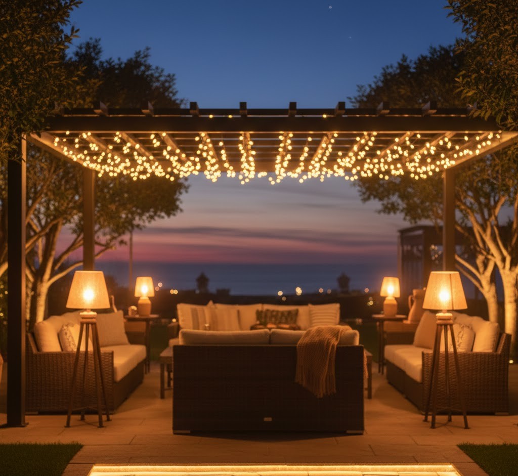 Softly glowing patio area with ambient lighting