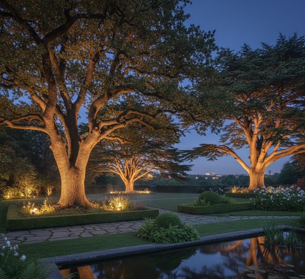 Uplighted architectural trees in evening garden