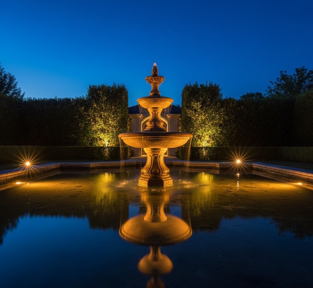 Garden water feature with subtle lighting