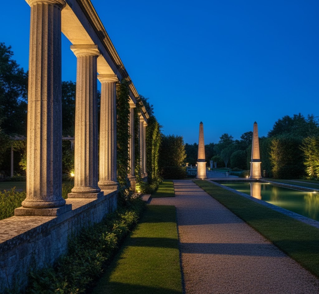 Lighted architectural elements in landscape