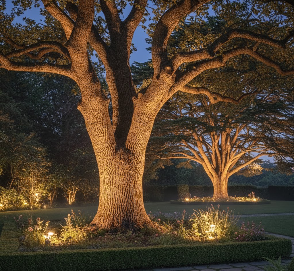 Uplighted mature tree in evening garden